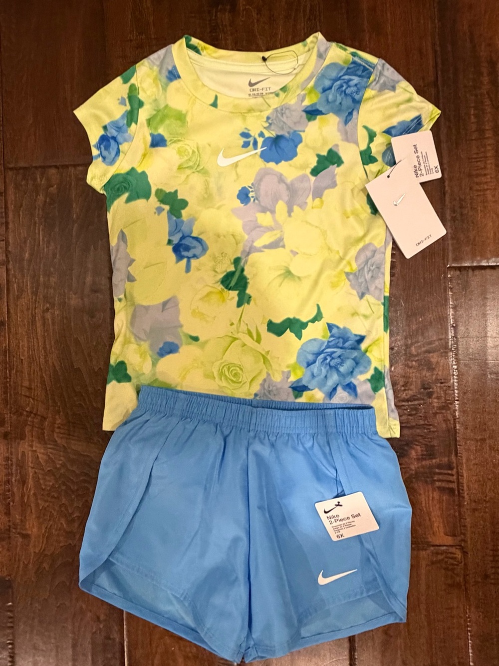 Nike Yellow Floral Tee with Blue Shorts Kids Pajama Set